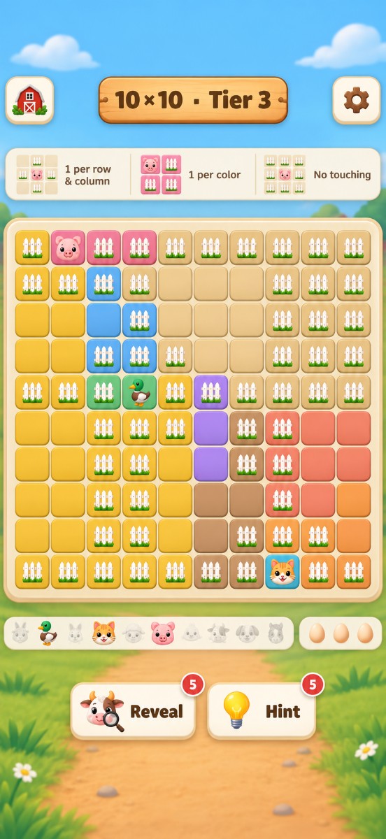 Barn Fever gameplay: a 10x10 board mid-solve