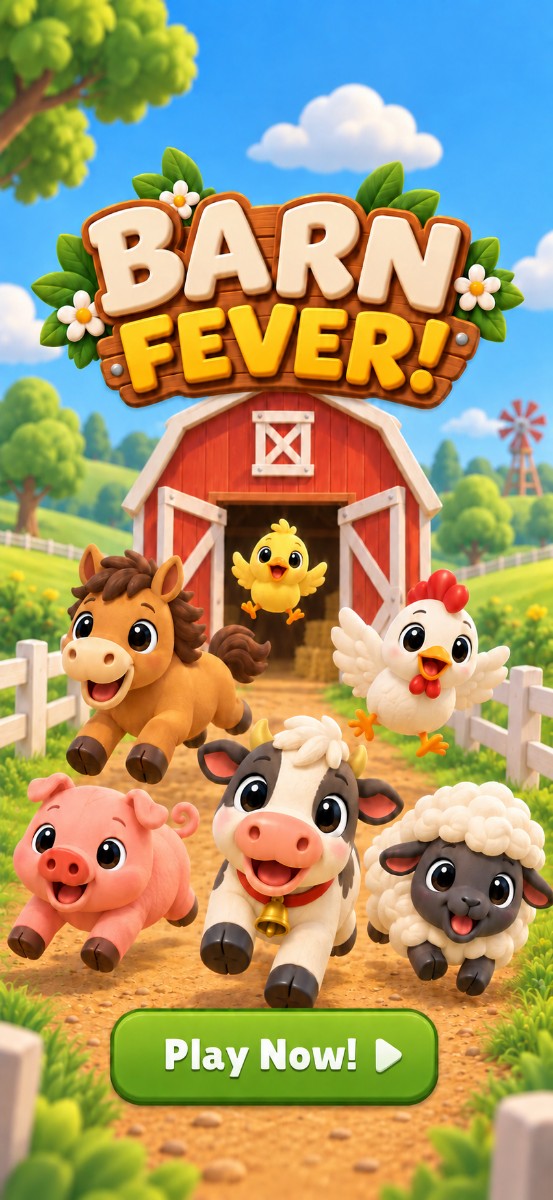 Barn Fever home screen: the animals bursting out of the barn